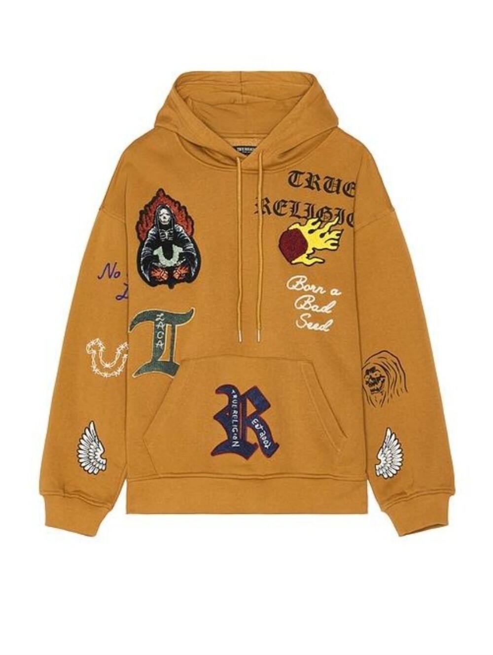 True Religion Born a Bad Seed Multi-Patch Hoodie Caramel Tan Men's Size Small